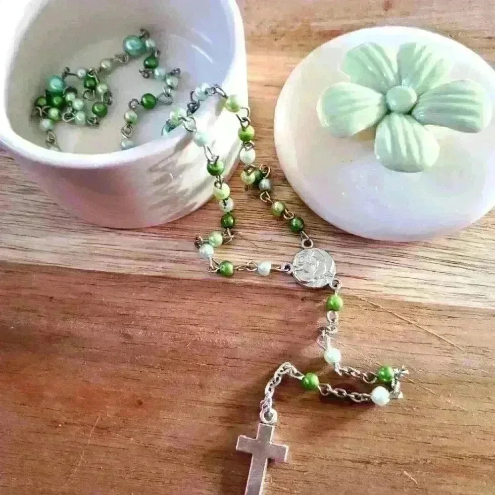 Catholic rosary, ceramic jewellery box,green glass beaded  baptism, communion,